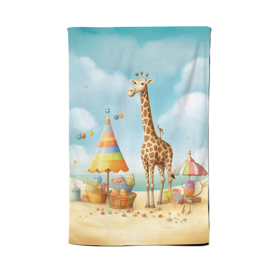 Giraffe On A Beach Holiday Tea Towel
