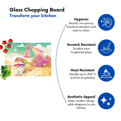 Kitten On A Beach Holiday Glass Chopping Board
