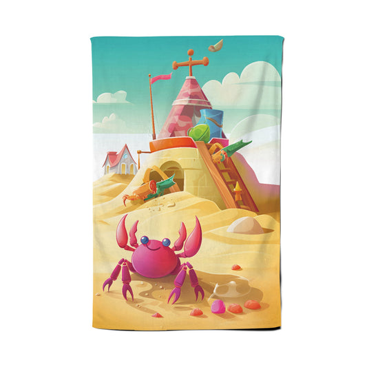 Pink Crab On A Beach Holiday Tea Towel