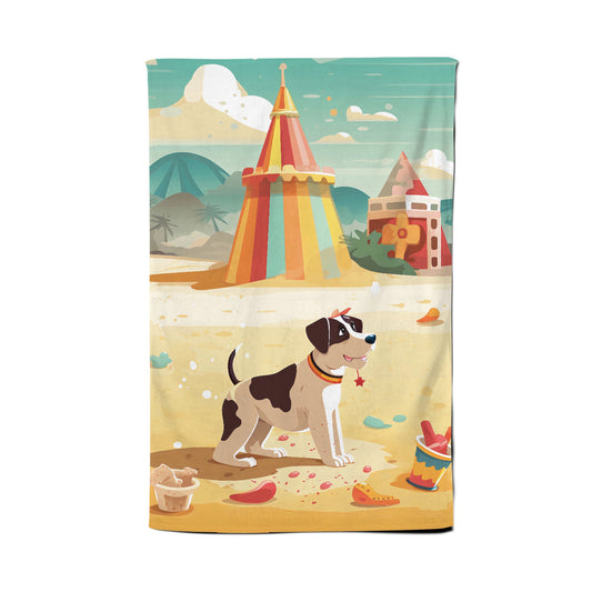 Doggy On A Beach Holiday Tea Towel