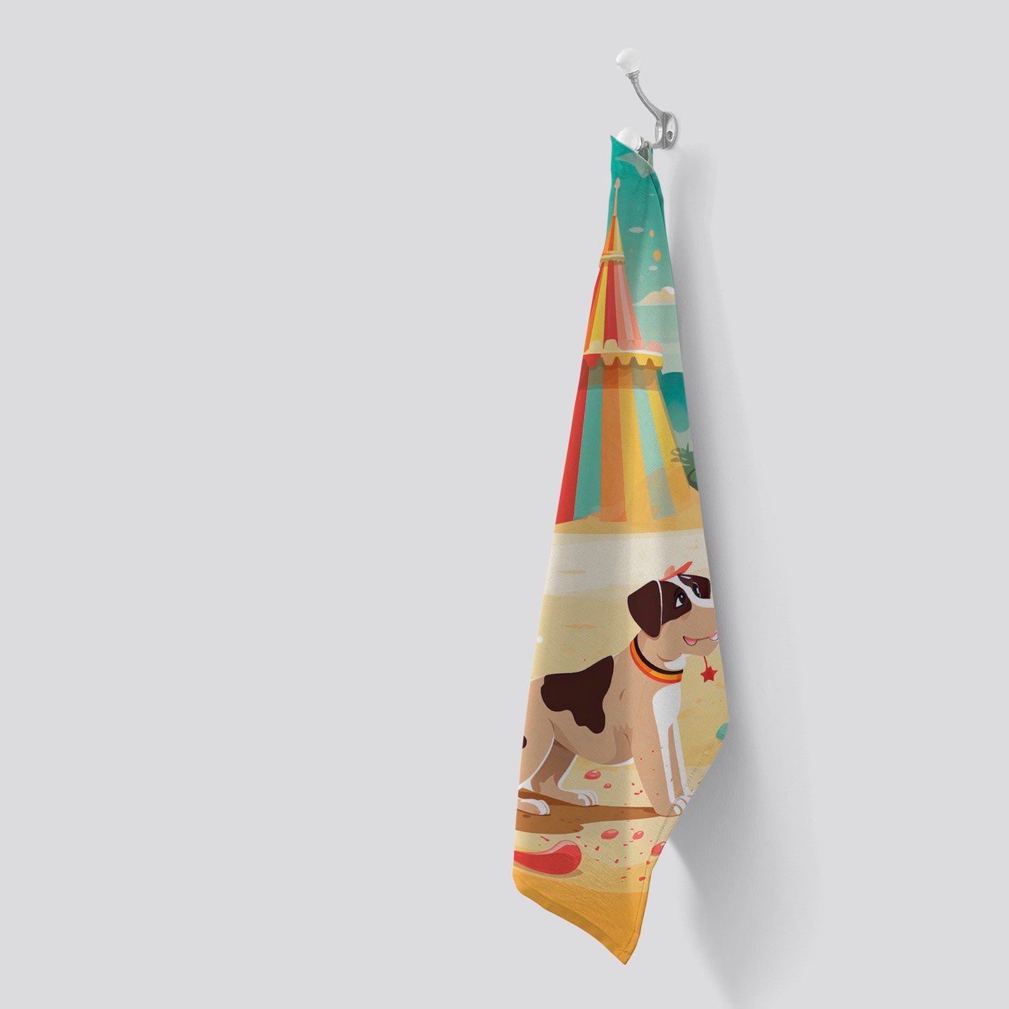 Doggy On A Beach Holiday Tea Towel