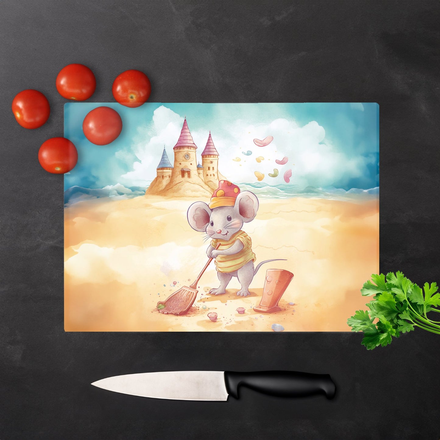 Mouse On A Beach Holiday Glass Chopping Board