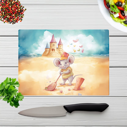 Mouse On A Beach Holiday Glass Chopping Board