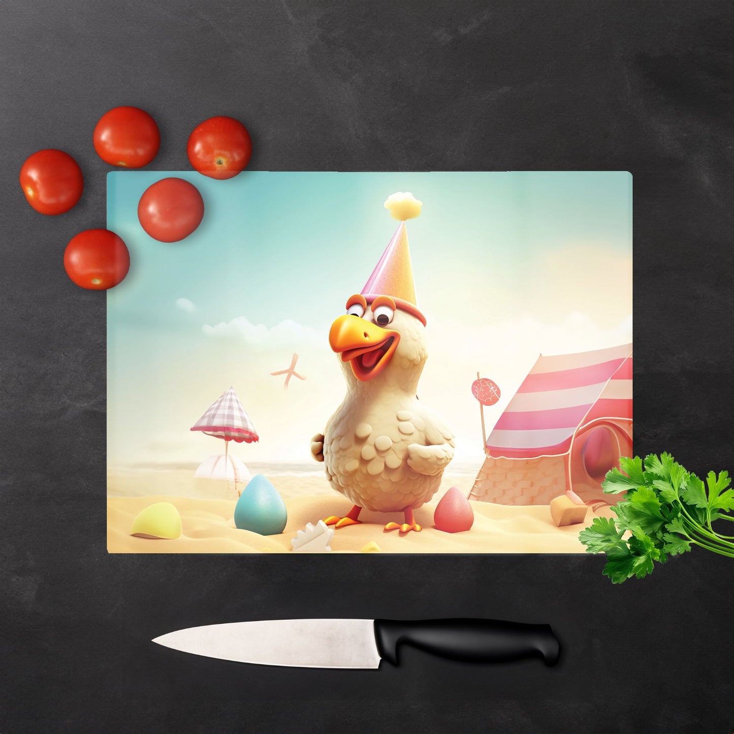 Funky Chicken On A Beach Holiday Glass Chopping Board