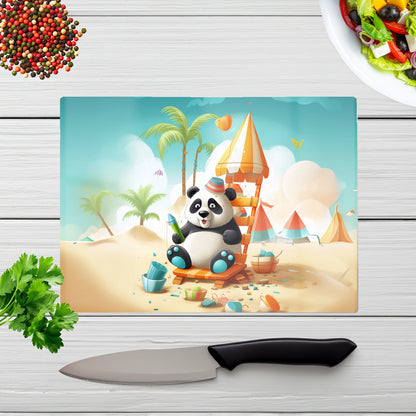 Panda On A Beach Holiday Glass Chopping Board