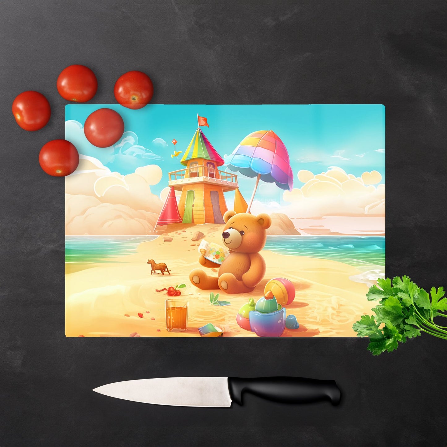 Bear On A Beach Holiday Glass Chopping Board