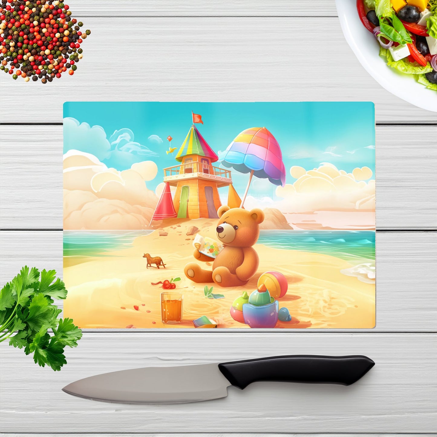 Bear On A Beach Holiday Glass Chopping Board