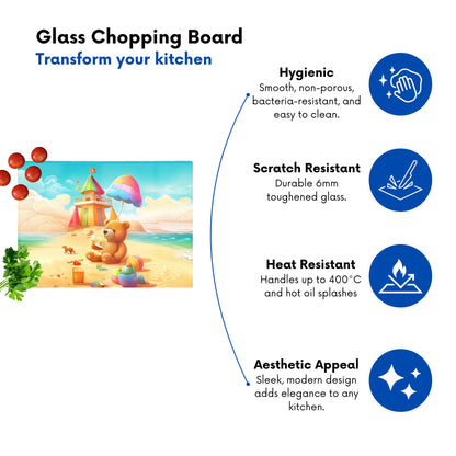 Bear On A Beach Holiday Glass Chopping Board