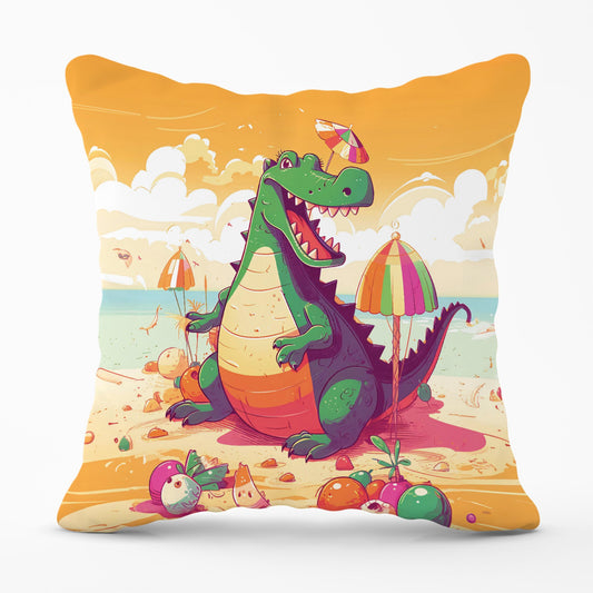 Crocodile On A Beach Holiday Cushions