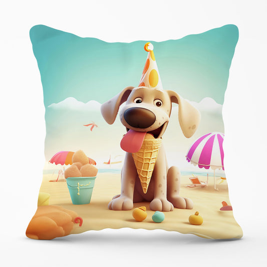Dog On A Beach Holiday Cushions