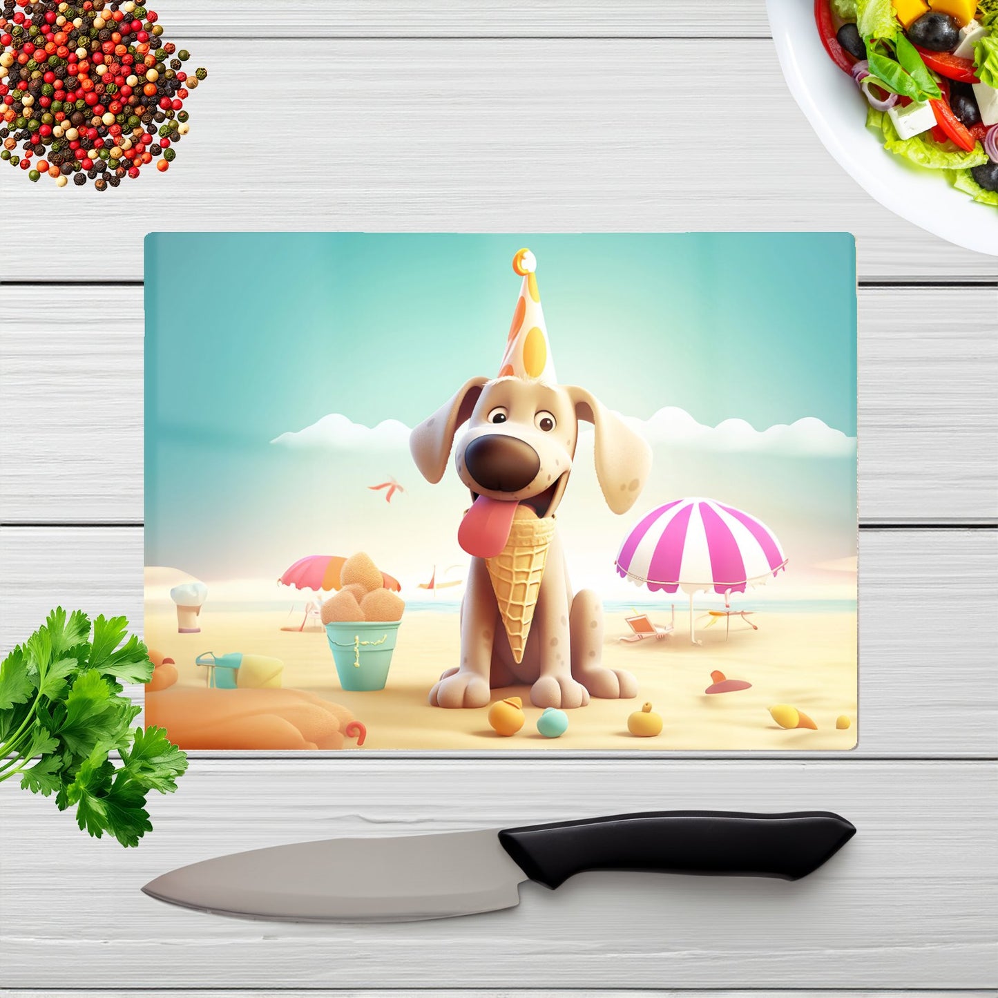 Dog On A Beach Holiday Glass Chopping Board