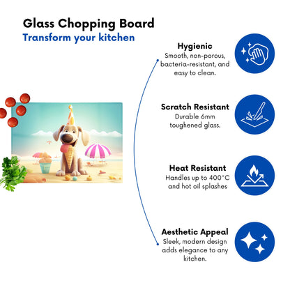 Dog On A Beach Holiday Glass Chopping Board