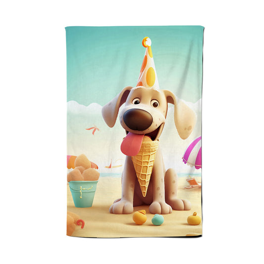 Dog On A Beach Holiday Tea Towel