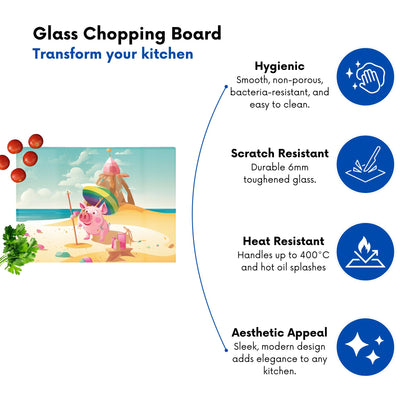 Piglet On A Beach Holiday Glass Chopping Board