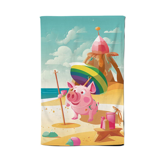 Piglet On A Beach Holiday Tea Towel