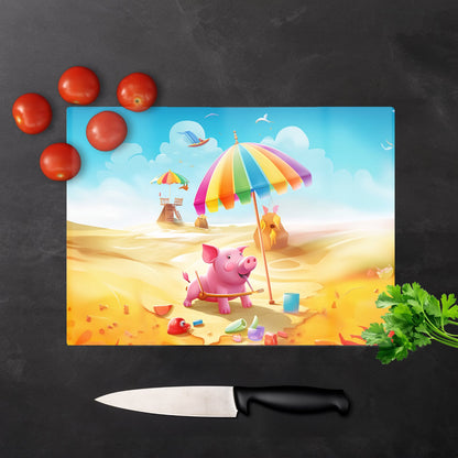Pig On A Beach Holiday Glass Chopping Board