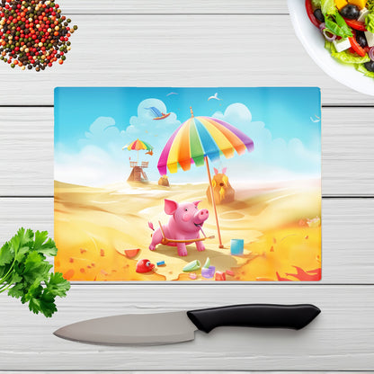 Pig On A Beach Holiday Glass Chopping Board