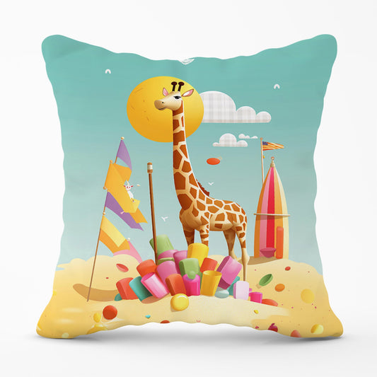 A Giraffe On A Beach Holiday Cushions