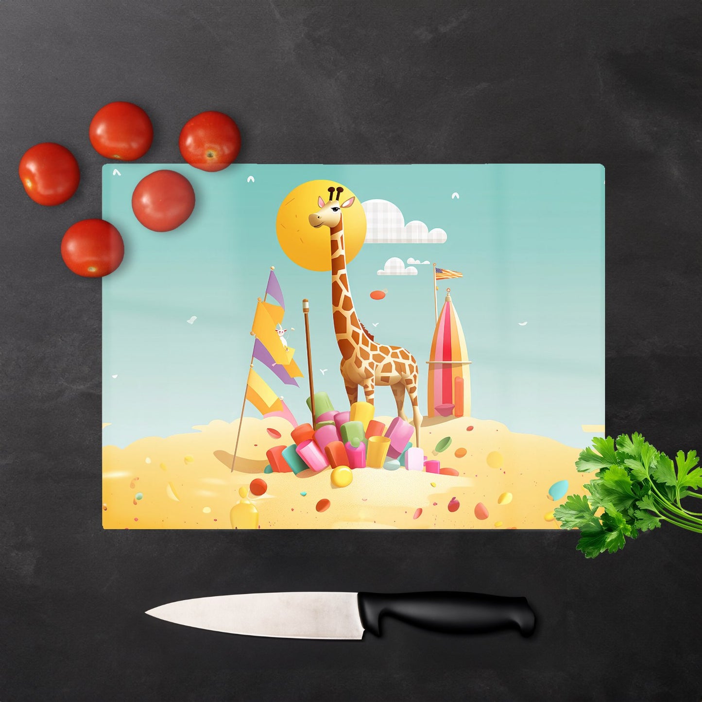 A Giraffe On A Beach Holiday Glass Chopping Board