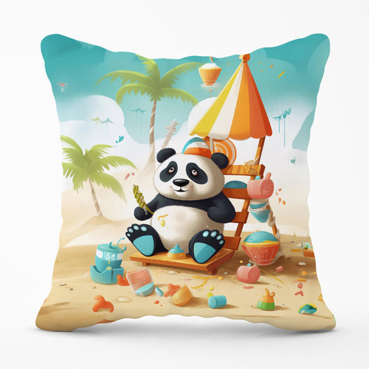 Happy Panda On A Beach Holiday Cushions