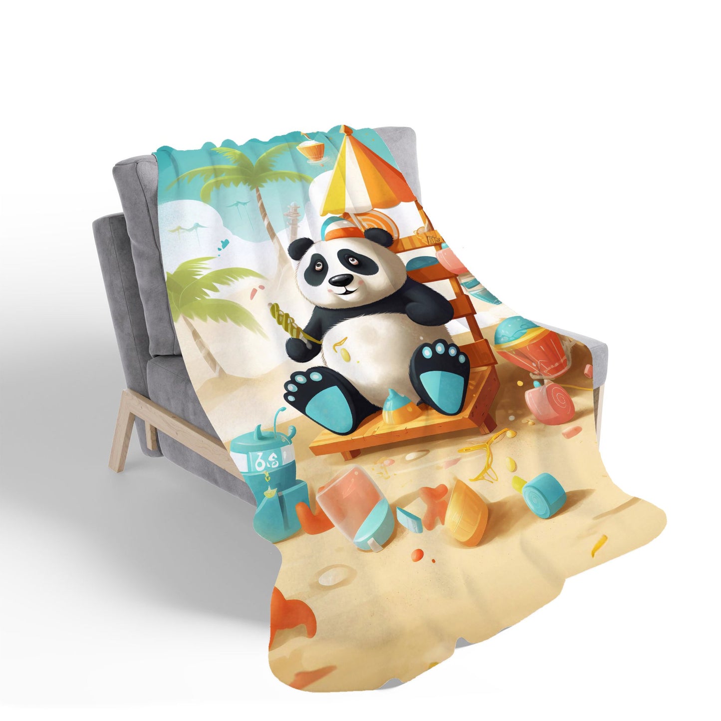 Happy Panda On A Beach Holiday Sherpa Blanket