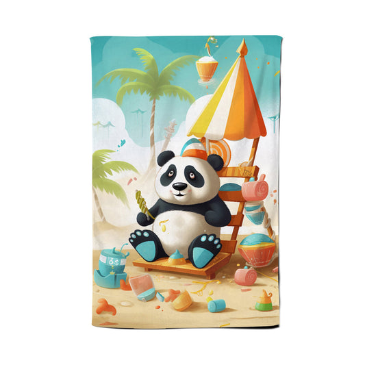 Happy Panda On A Beach Holiday Tea Towel