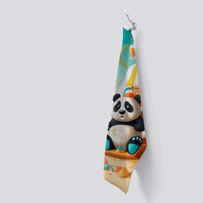 Happy Panda On A Beach Holiday Tea Towel