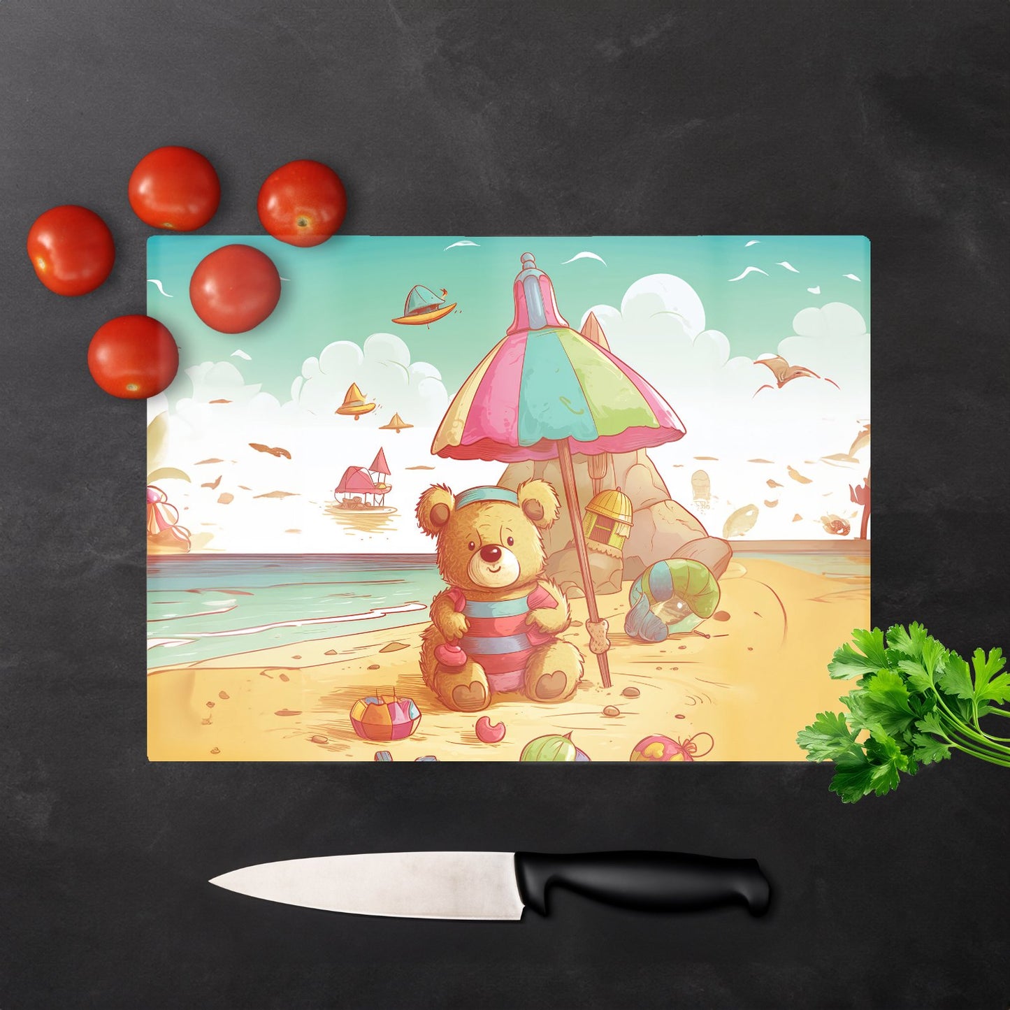 Lucky Teddy Bear On A Beach Holiday Glass Chopping Board