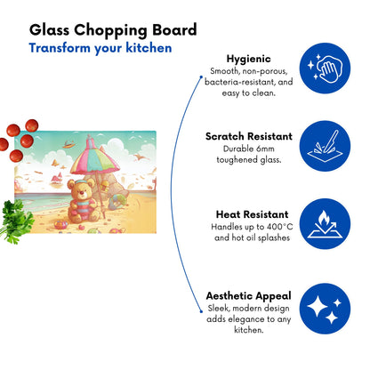 Lucky Teddy Bear On A Beach Holiday Glass Chopping Board