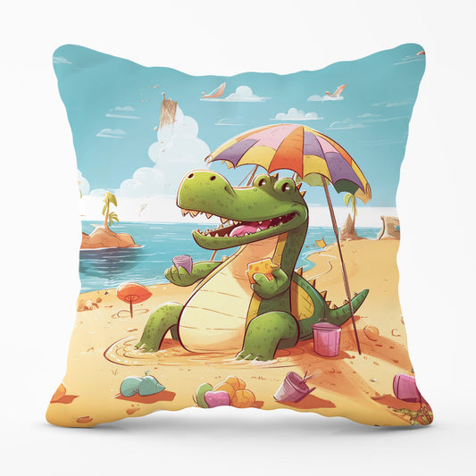 A Crocodile On A Beach Holiday Cushions