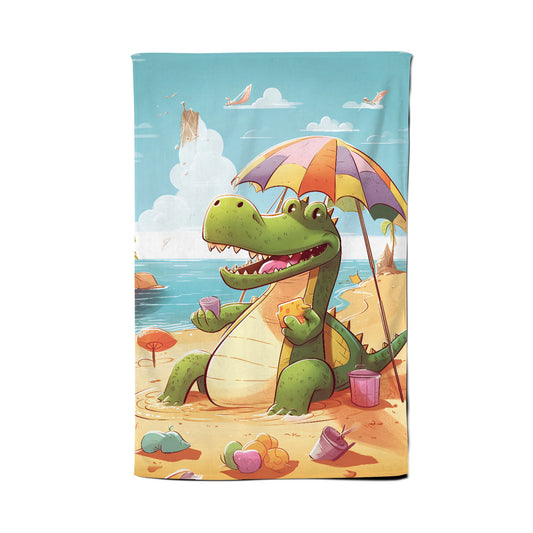 A Crocodile On A Beach Holiday Tea Towel