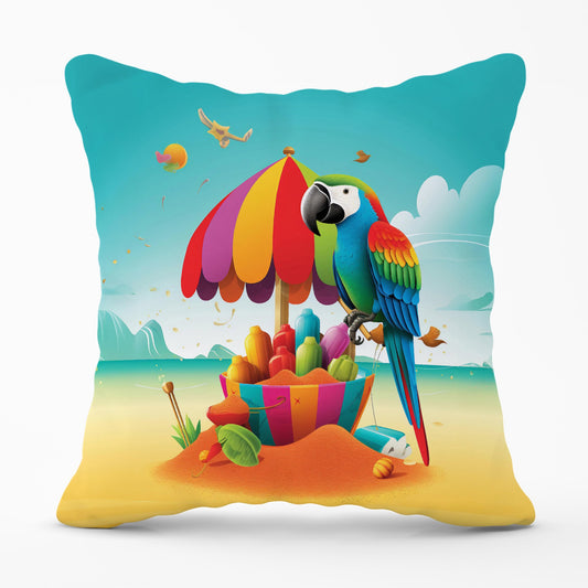 Parrot On A Beach Holiday Cushions