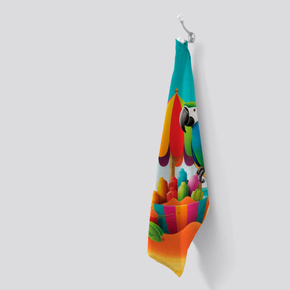 Parrot On A Beach Holiday Tea Towel