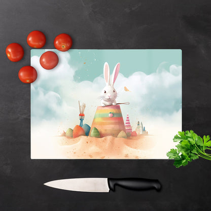 White Rabbit On A Beach Holiday Glass Chopping Board