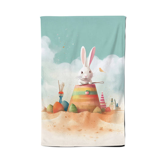 White Rabbit On A Beach Holiday Tea Towel