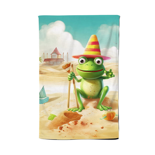 Happy Frog On A Beach Holiday Tea Towel