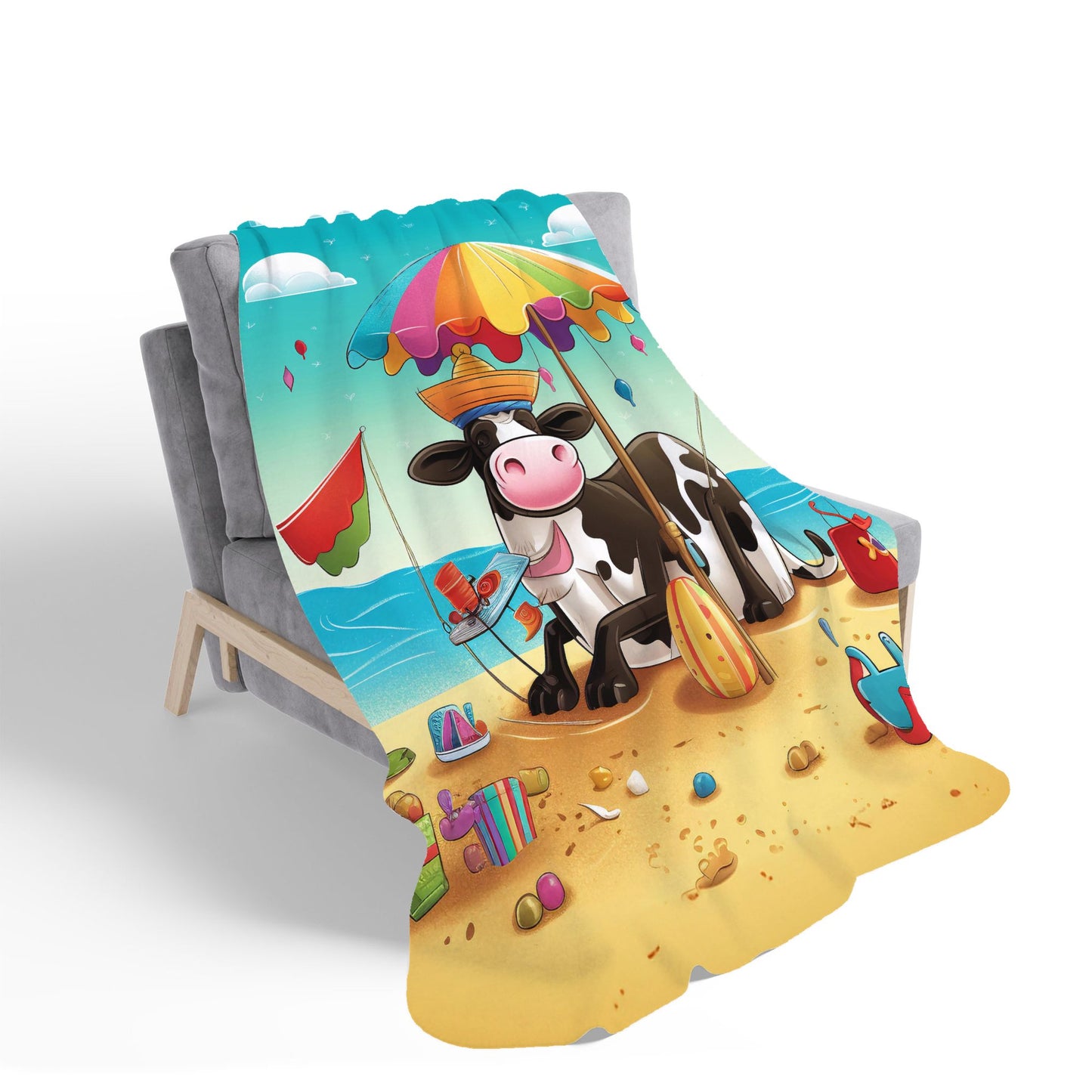Cow On A Beach Holiday Sherpa Blanket