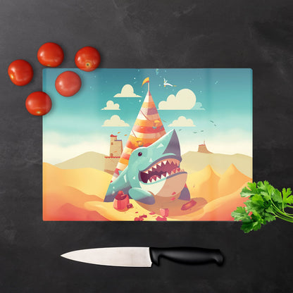 Shark On A Beach Holiday Glass Chopping Board