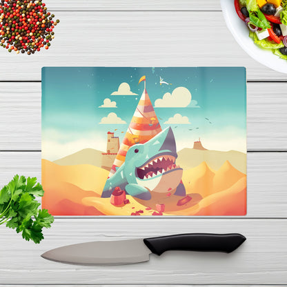 Shark On A Beach Holiday Glass Chopping Board