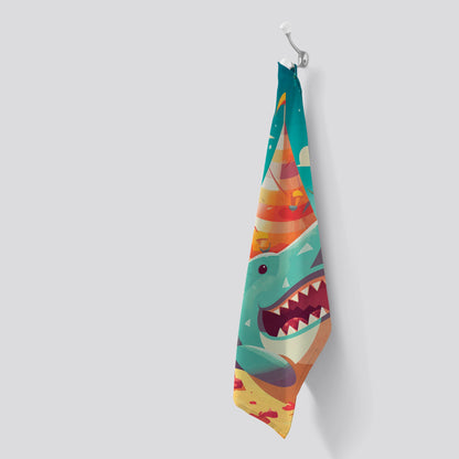 Shark On A Beach Holiday Tea Towel