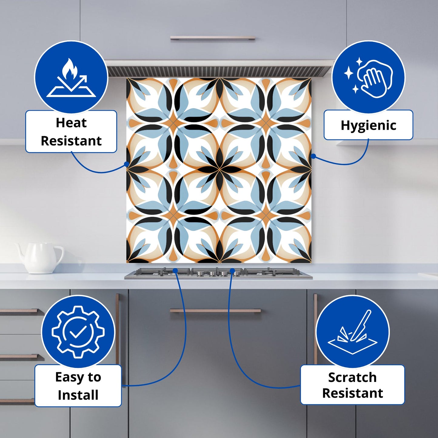 White Brown and Blue Geometric Pattern Kitchen Splashback