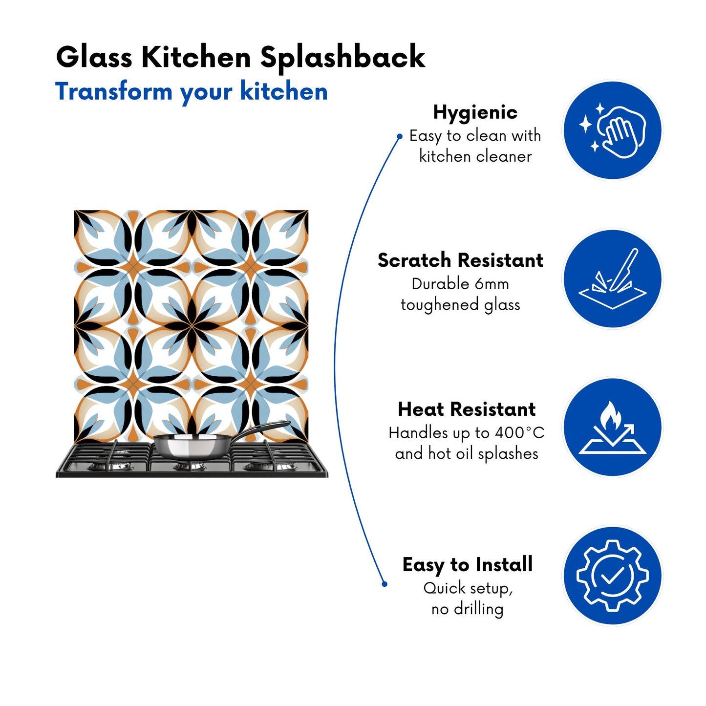 White Brown and Blue Geometric Pattern Kitchen Splashback
