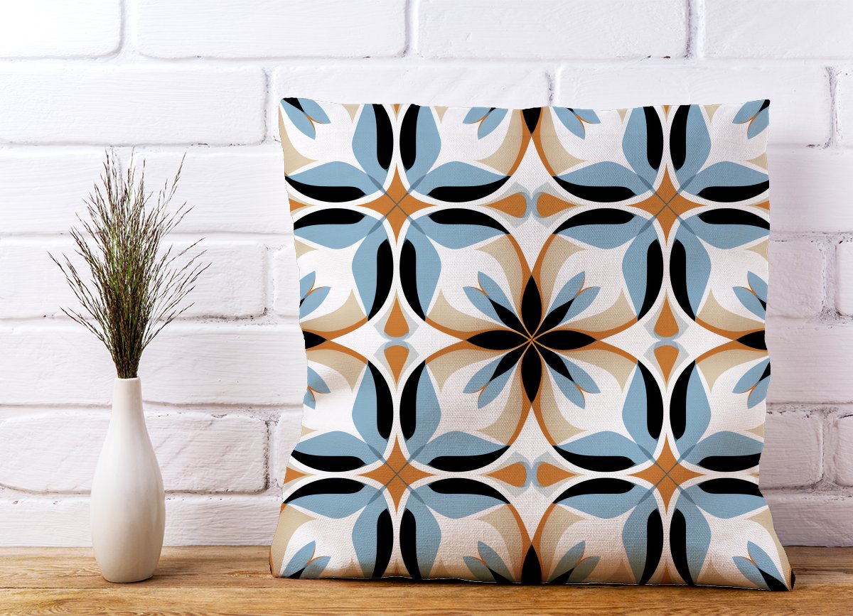 White Brown and Blue Geometric Pattern Cushions