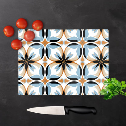 White Brown And Blue Geometric Pattern Glass Chopping Board