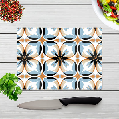 White Brown And Blue Geometric Pattern Glass Chopping Board