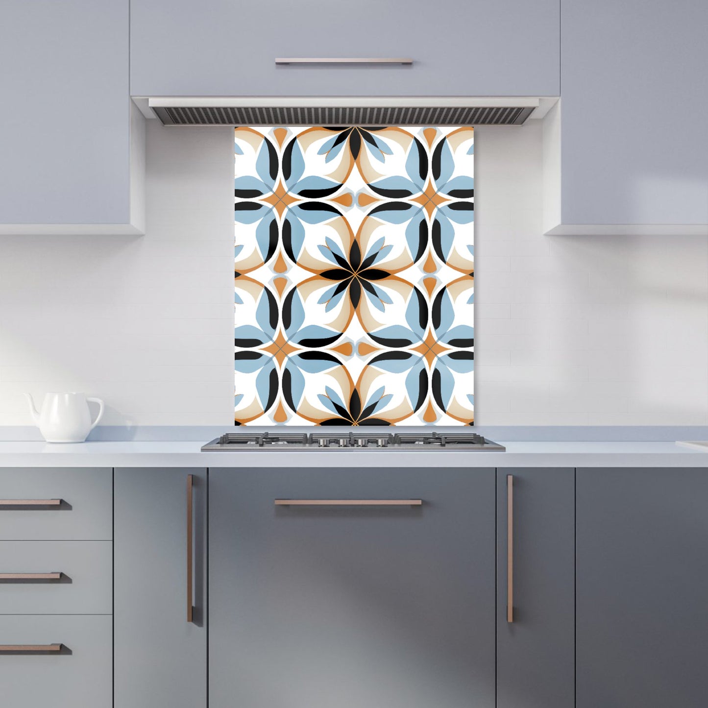 White Brown and Blue Geometric Pattern Kitchen Splashback
