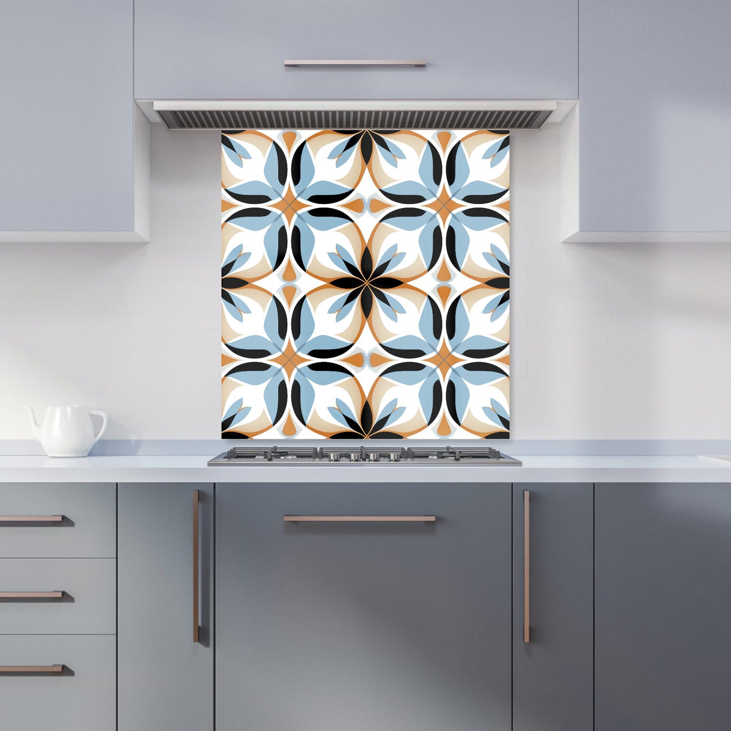 White Brown and Blue Geometric Pattern Kitchen Splashback