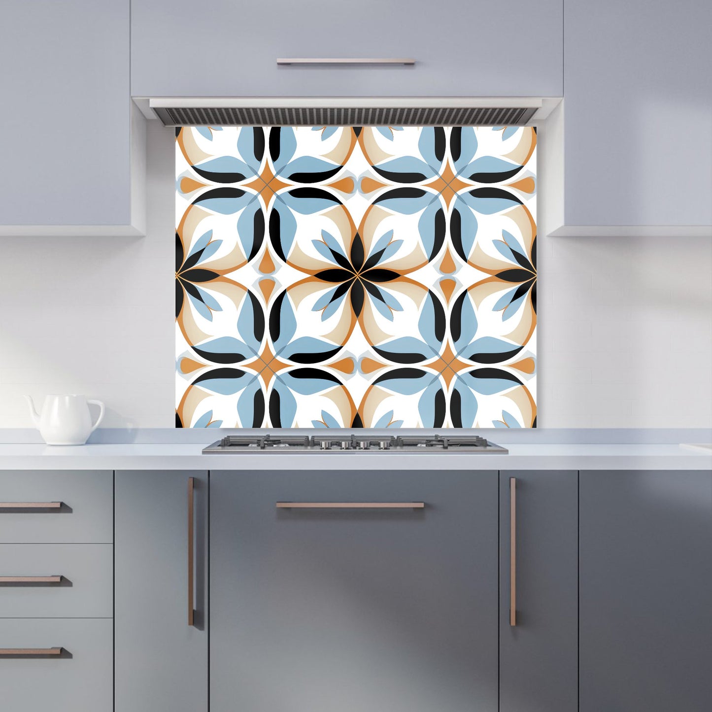 White Brown and Blue Geometric Pattern Kitchen Splashback