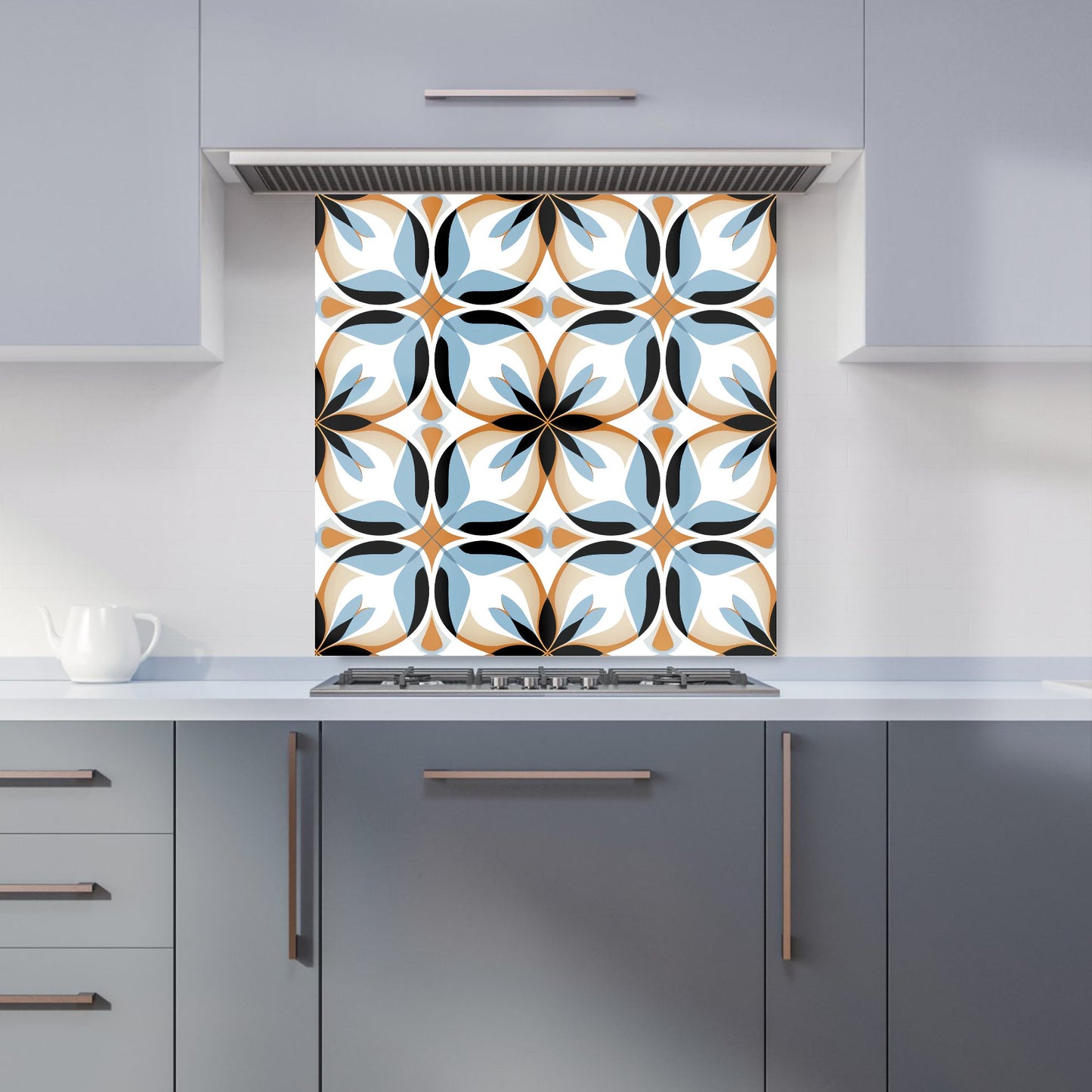 White Brown and Blue Geometric Pattern Kitchen Splashback