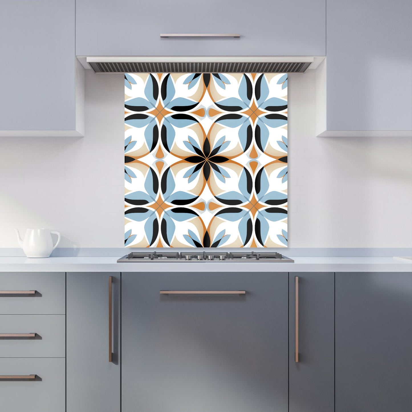 White Brown and Blue Geometric Pattern Kitchen Splashback